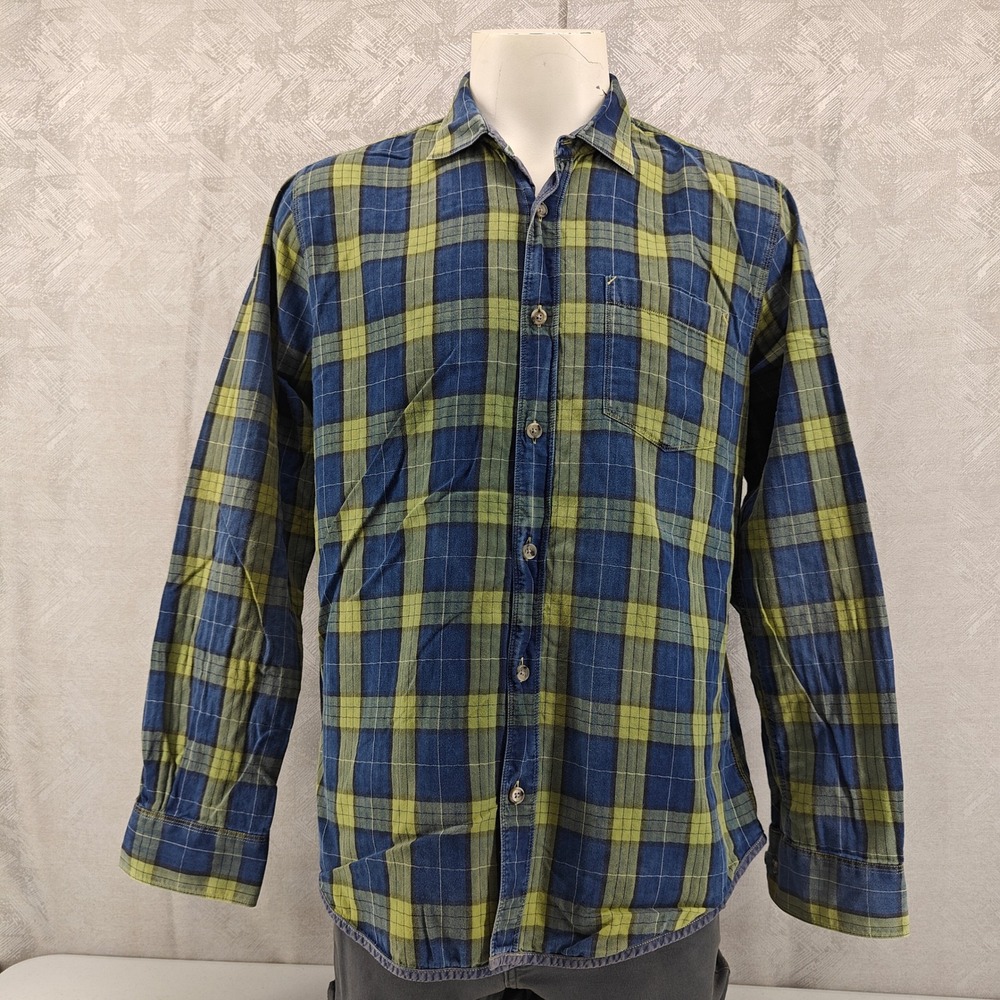32 Bar Blues Button Up Shirt Mens Large Blue Green Plaid Long Sleeve Cotton